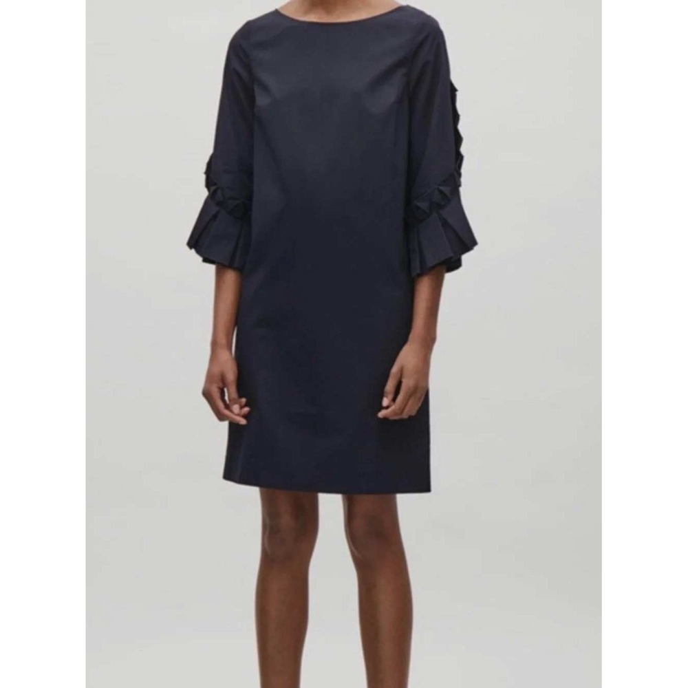 COS Navy Blue Architectural Pleated Ruffle Sleeve Shift Dress Pockets Small S